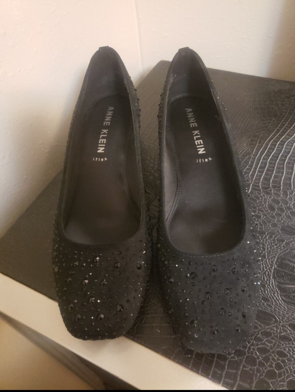 Anne Klein Black Crystal-Embellished Slip-On Flats
